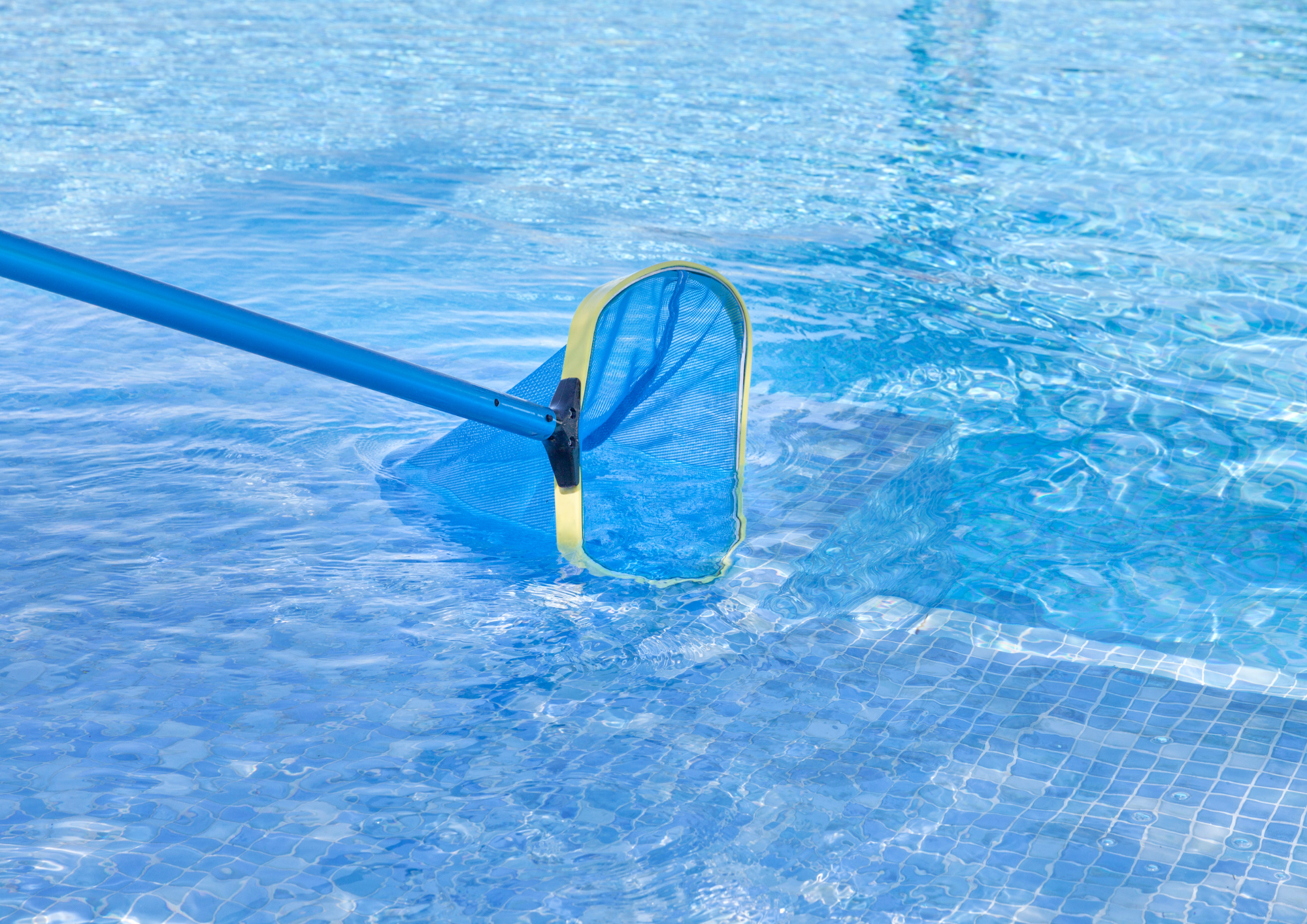 Professional swimming pool skimmer cleaning clear blue pool water